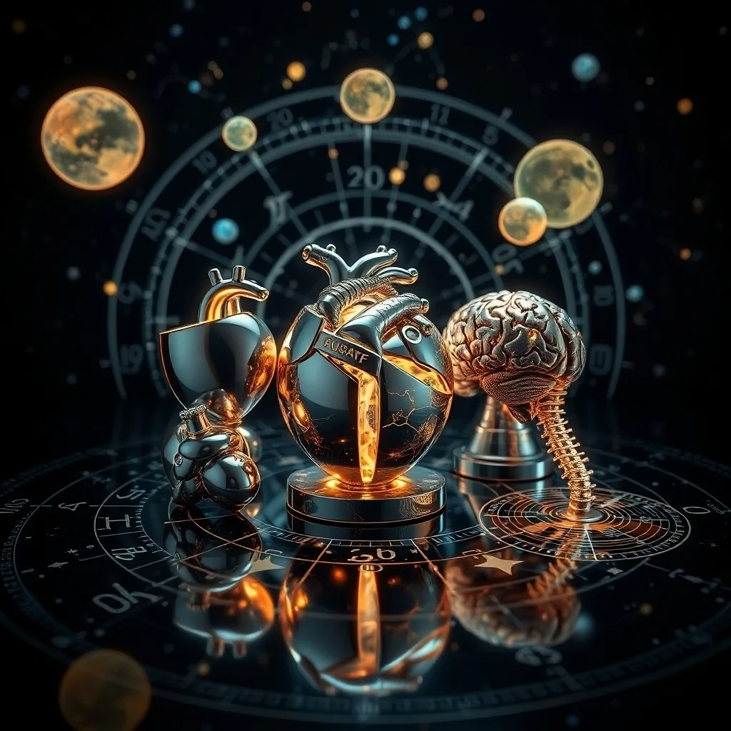 Pintura de acuarela de instrumentos médicos antiguos junto a símbolos celestes, como el sol y la luna, sobre una mesa de madera.