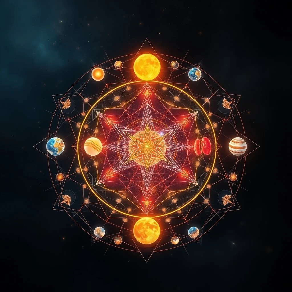 Fotografía cinematográfica abstracta de formas gaseosas planetarias iluminando una tableta de piedra antigua con diagramas anatómicos.