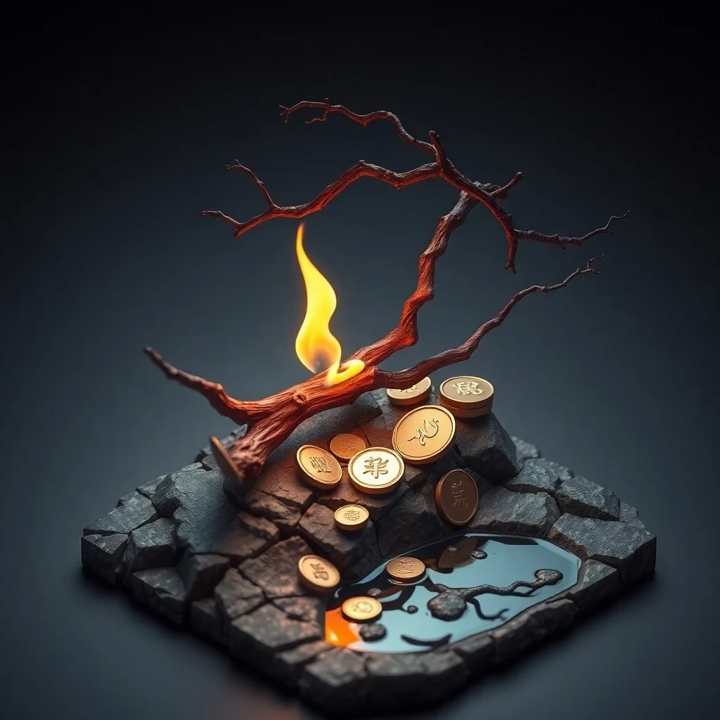 Macro photography of a wooden dragon carving, glowing ember, soil, metal coin, and water drop