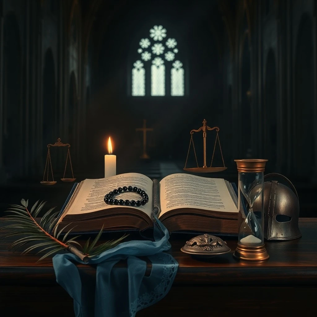 Un reloj antiguo marcando el tiempo con velas encendidas y un libro de oraciones, simbolizando la urgencia y la fe en San Expedito.