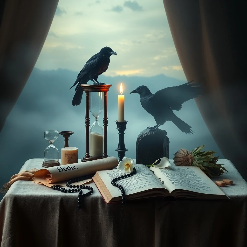 Una balanza antigua con una cruz y una pluma, simbolizando la justicia divina y la ligereza de la fe en la intercesión de los santos.