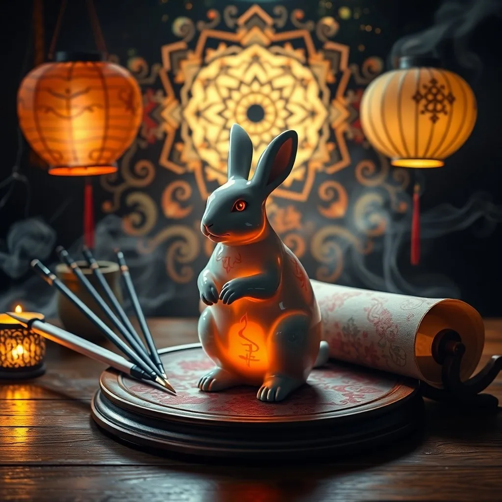 Arte conceptual de un vórtice arremolinado de energía dorada y carmesí que emana de un pergamino de madera antiguo e intrincadamente tallado que representa símbolos del zodiaco chino, flotando en medio de un paisaje místico y etéreo al anochecer, con iluminación dramática.