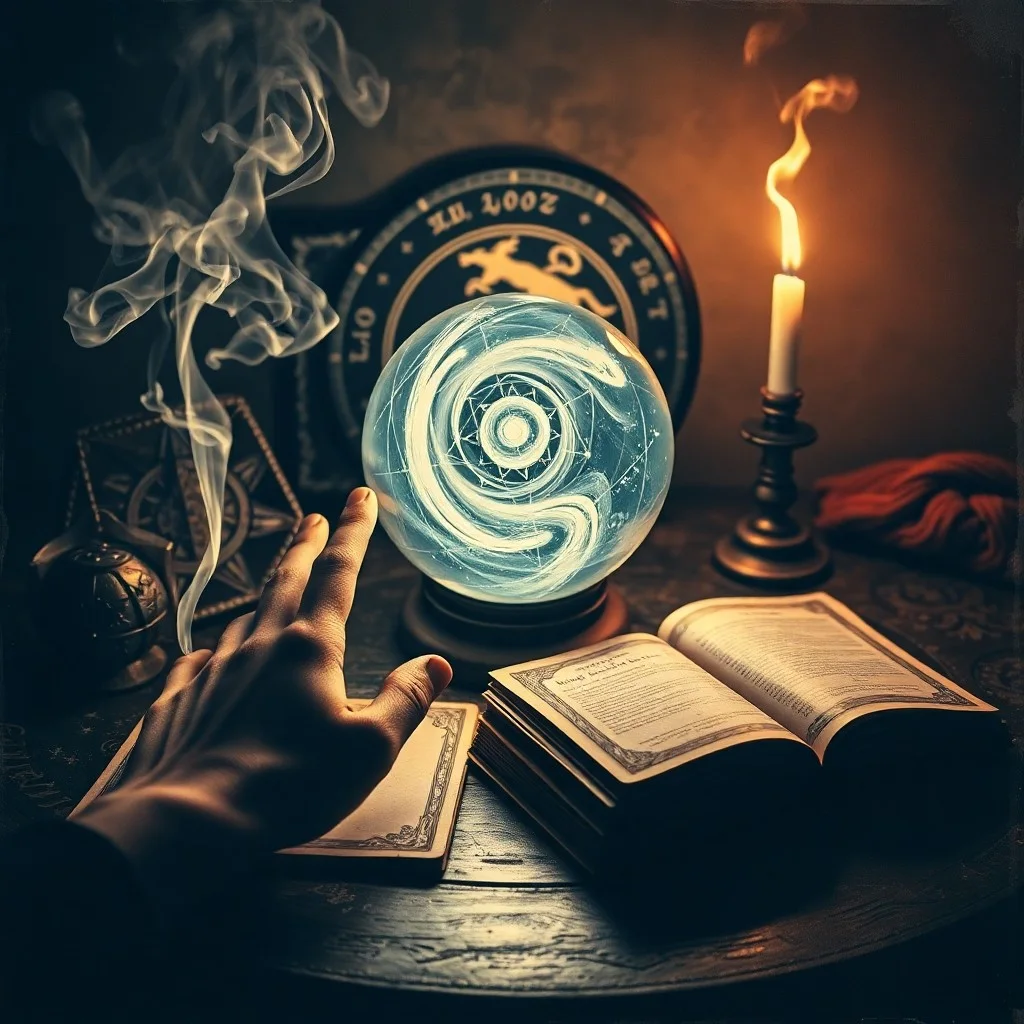 Abstract watercolor of swirling mist and light in a crystal ball, symbolic of veiled futures