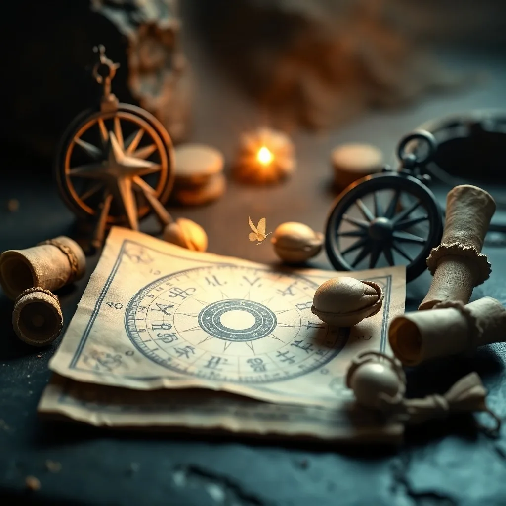An antique scroll unfurling to reveal a complex astrological chart, with glowing lines connecting planets to the North Node symbol. The background is a subtle, cosmic nebula. Macro shot, no human presence.