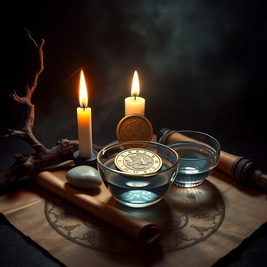 Cinematic still life photography of a pristine wooden bonsai tree, a glowing candle, a smooth river stone, an antique brass compass, and a clear glass orb, artfully arranged on a dark table and subtly interconnected by light threads, representing the harmonious creative cycle of the Five Elements.