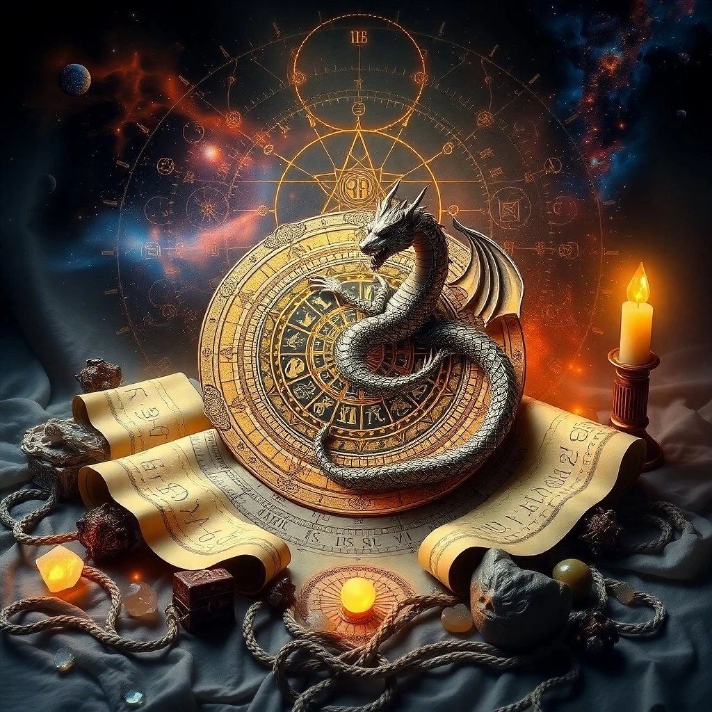 Libro antiguo de astrología, cartas astrales, vela, piedra con símbolo lunar, sabiduría kármica.