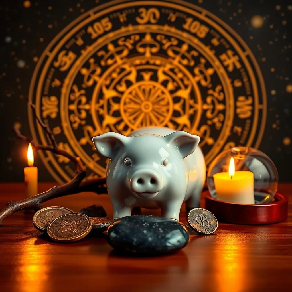 Fotografía cinematográfica de bodegón con monedas chinas antiguas y una figura de cerdo de madera tallada sobre un pergamino de seda, bajo una luz cálida, simbolizando la prosperidad y la tradición del Horóscopo Chino.