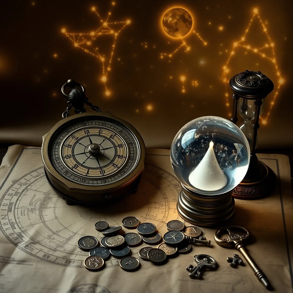 Bodegón cinematográfico de un antiguo libro de astrología abierto sobre un escritorio de madera, con una esfera armilar de latón y una pluma de ave, bajo la luz de la luna.