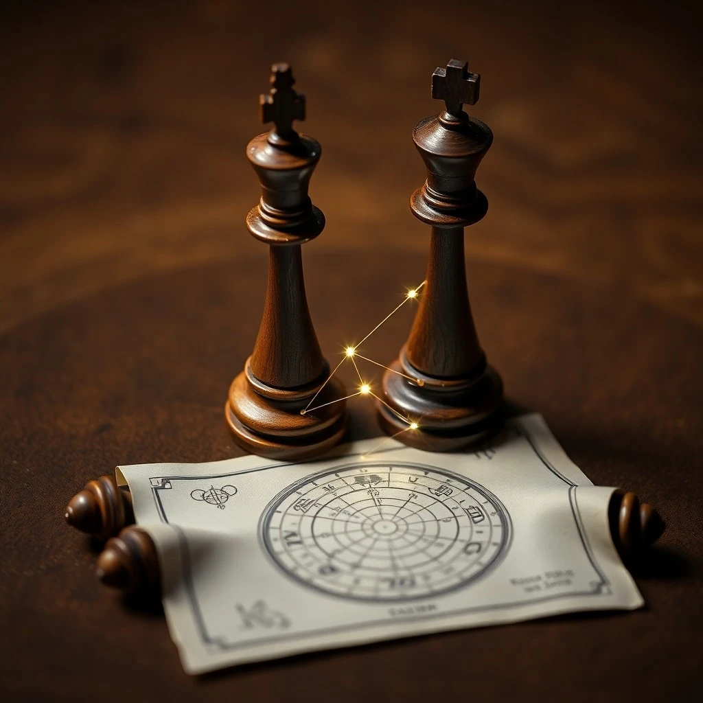 Two ornate brass compasses pointing to a central glowing point on a cosmic map, surrounded by crystal astrological glyphs, symbolizing the calculation of a composite chart.