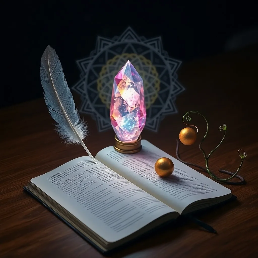 Journal, crystal ball, and quill on a desk, symbolizing focused intention