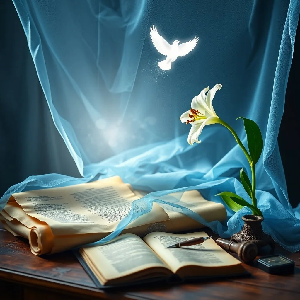 Un lirio blanco inmaculado reposando sobre un pergamino antiguo con inscripciones latinas, iluminado por una suave luz, evocando un ambiente de santidad.