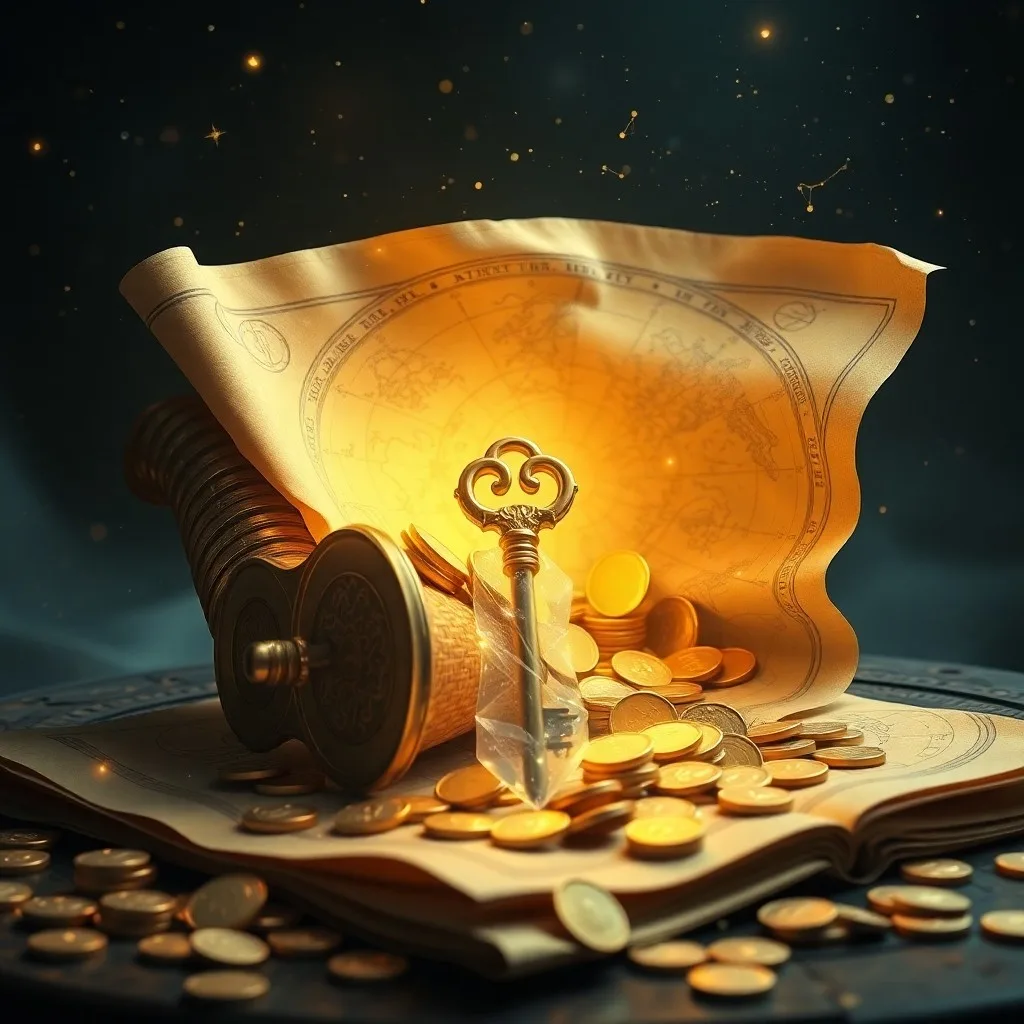 Arte conceptual de un vibrante río de oro líquido y plata que serpentea a través de un exuberante paisaje fantástico de formaciones cristalinas y flores iridiscentes en flor, simbolizando prosperidad ilimitada y flujo energético.