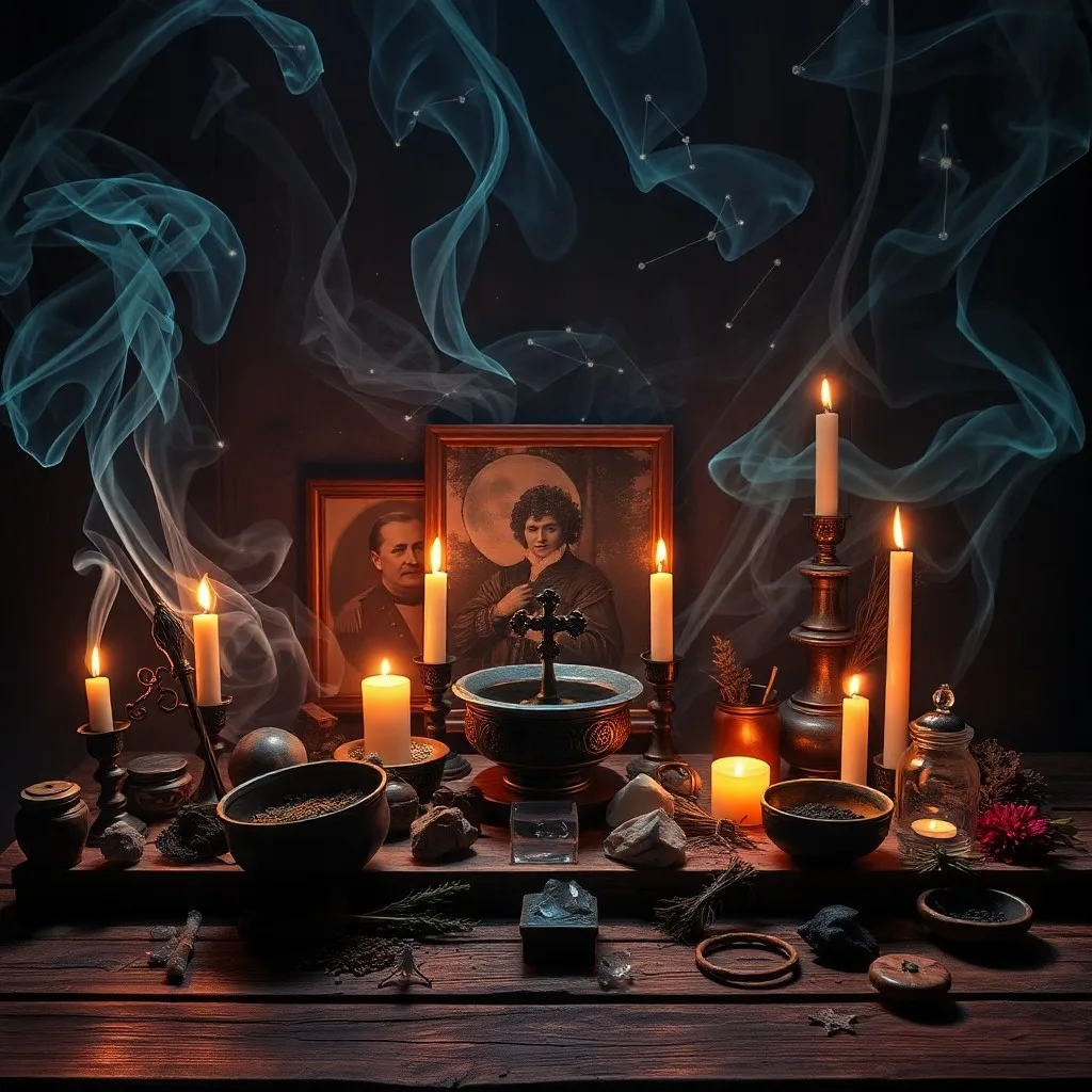 Antique wooden chest with old photographs, letters, and a flickering candle