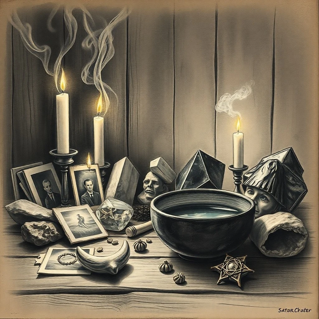 Abstract conceptual art, swirling iridescent smoke from offering bowl, ancient symbols