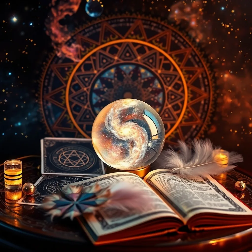 Bodegón de un escritorio antiguo con un diario de sueños, una bola de cristal y una vela, simbolizando la introspección y la sabiduría onírica.
