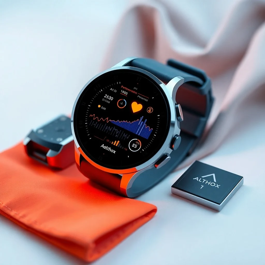 Fotografía still-life de diversos sensores deportivos y smartwatches de última generación sobre una superficie oscura, con iluminación sutil que resalta sus detalles tecnológicos.