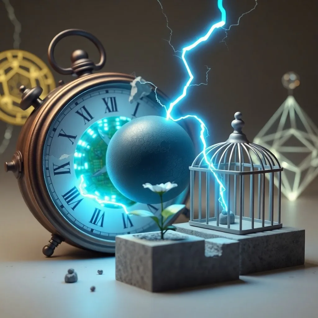 Fotografía cinematográfica de un reloj de bolsillo roto sobre un mapa, con un diente de león volando, simbolizando cambios repentinos.