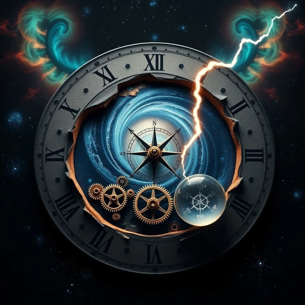 Cinematic still life of a shattered antique compass on a futuristic glass surface, with blue light, symbolizing broken traditions and new paths.