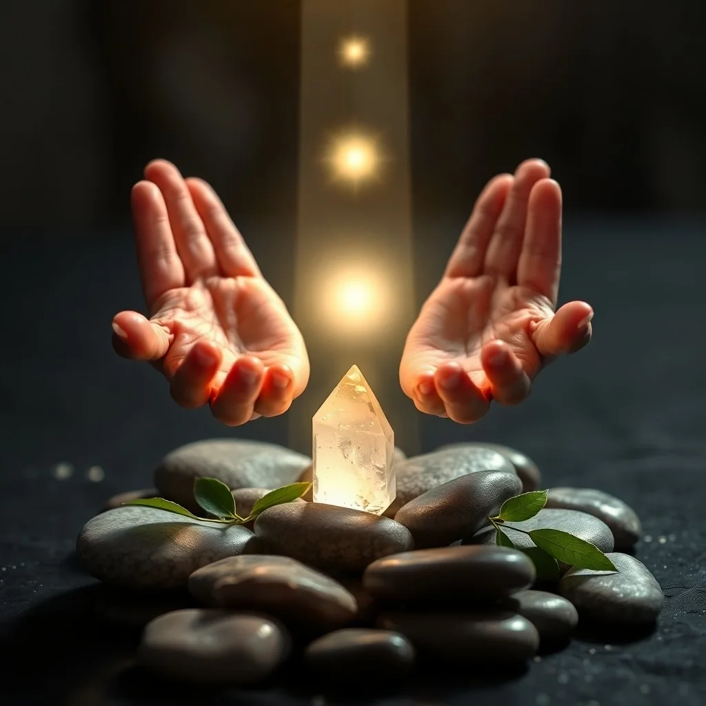 Watercolor painting of a balanced stack of smooth, polished chakra stones, each glowing with a different color, symbolizing energetic alignment.