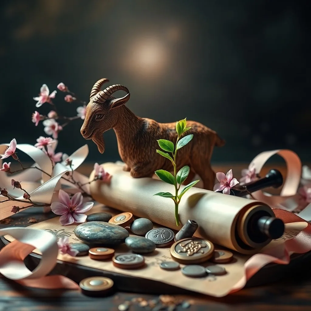 Cinematic still life of an ancient scroll, abacus, and herbal tea set on a wooden table, symbolizing love, career, and health.