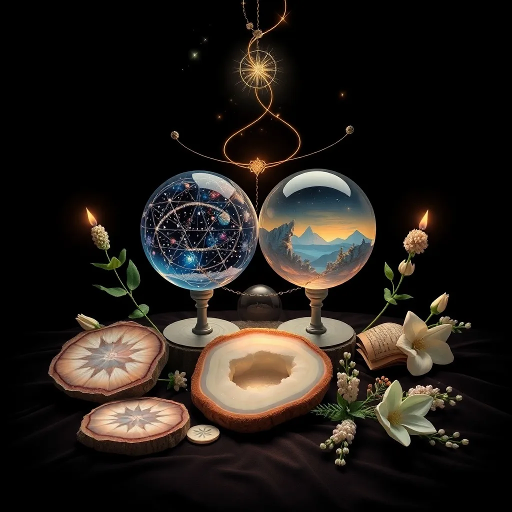 Still life photo of an antique journal open to astrological symbols, with a teacup and quill, symbolizing shared wisdom in friendship.