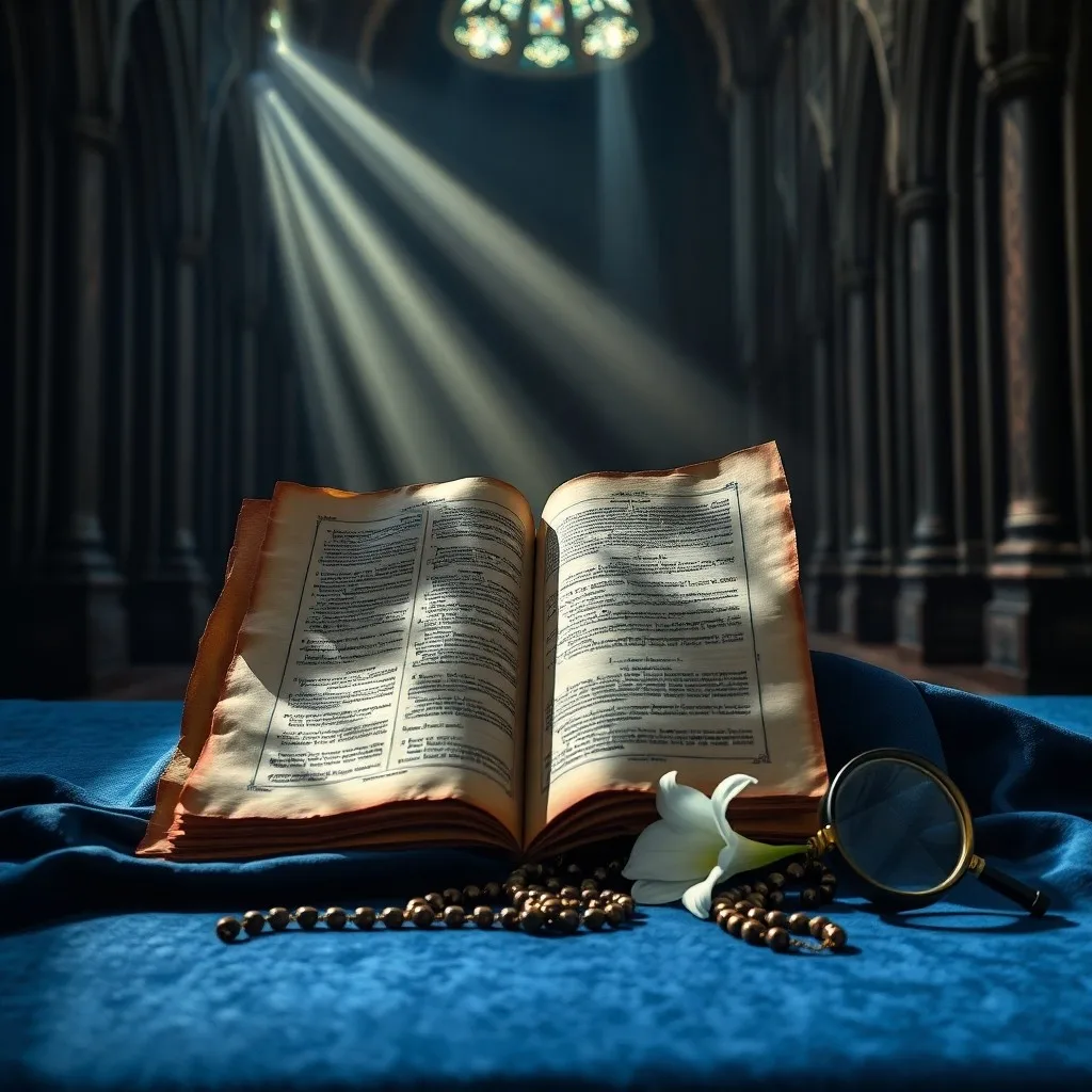 Rosario sobre un libro antiguo abierto en un altar de madera con una vela encendida.