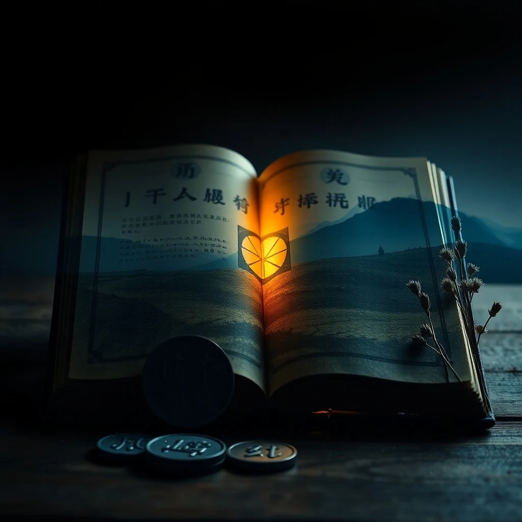 Ancient Chinese coins and yarrow stalks on a wooden table, dramatically lit.