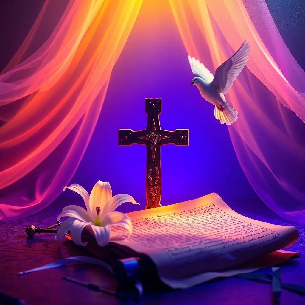 Fotografía cinematográfica, plano medio, de una persona arrodillada en oración, con las manos juntas, en una capilla antigua con poca luz. La luz de un vitral proyecta patrones coloridos en el suelo. Se enfoca en la postura de reverencia y la atmósfera pacífica.