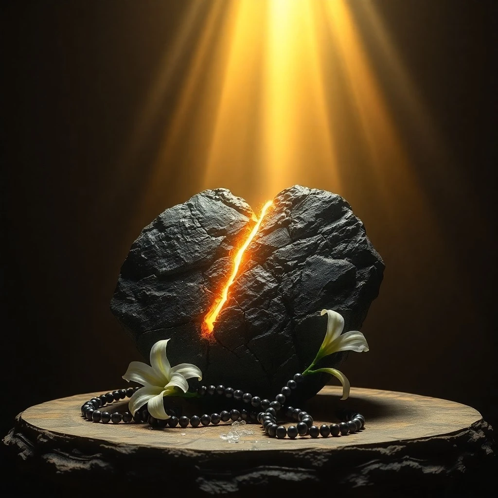 Corazón de piedra resquebrajándose con luz interior, simbolizando la transformación del pecado por la gracia.