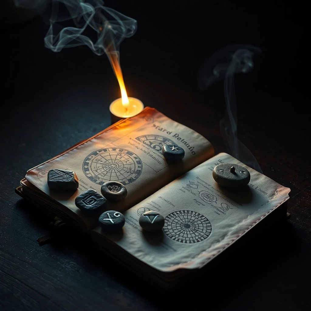 Vintage photograph of wooden runes, parchment, quill, and candle on a rustic table, symbolizing historical divination tools.