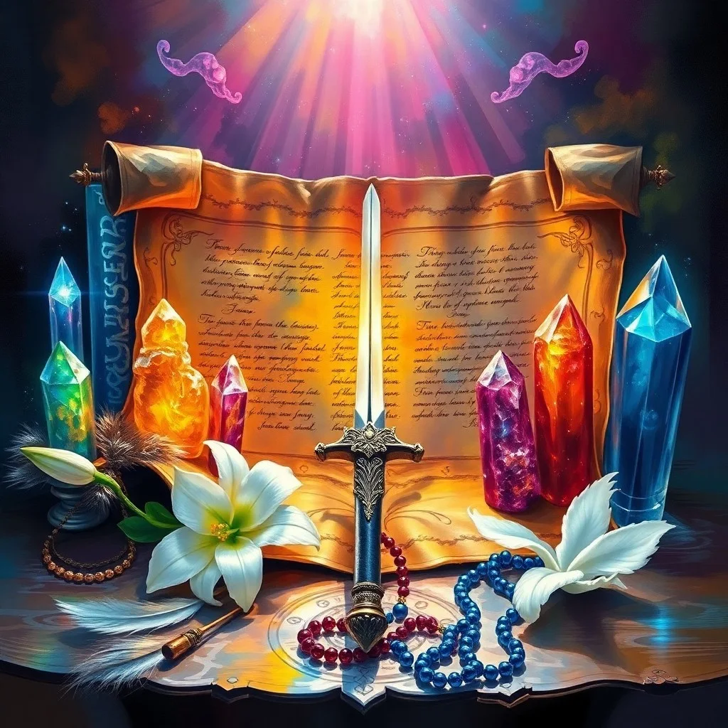 Arte conceptual de un altar celestial con siete cálices luminosos de diferentes colores, en un entorno cósmico.