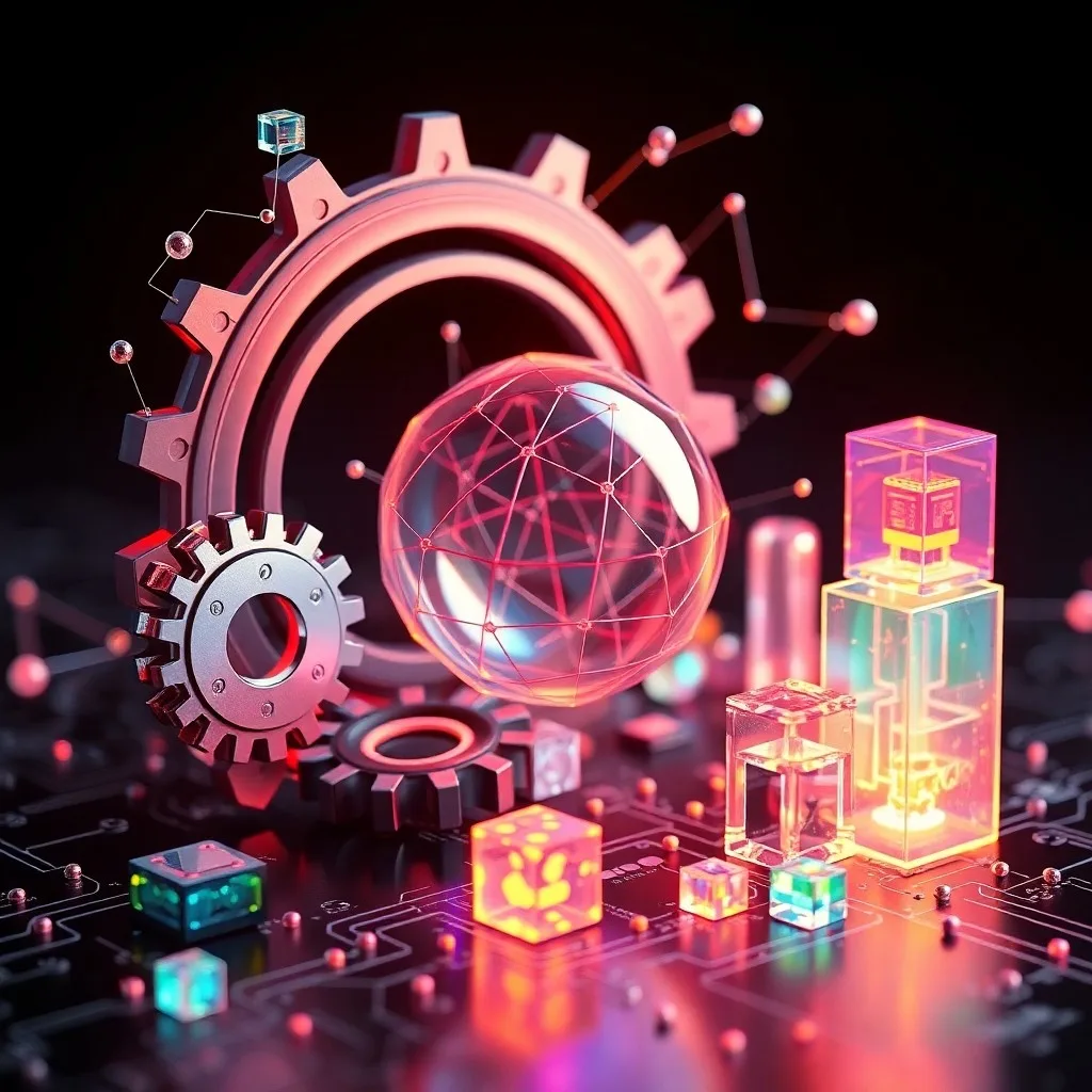 Arte conceptual de una interfaz de aplicación web compleja con bloques modulares interconectados y brillantes, representando el desarrollo No-Code, con un fondo sutil de código binario, enfatizando la facilidad de creación y accesibilidad.