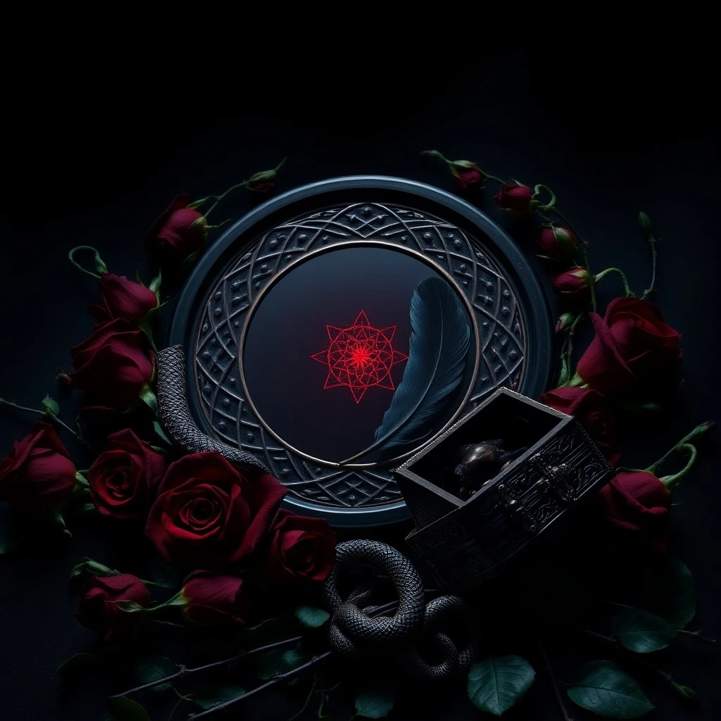 Cinematic still life of a magnifying glass on an ancient grimoire with esoteric symbols, illuminated by a flickering candle and a dark amethyst crystal, evoking mystery and hidden knowledge.