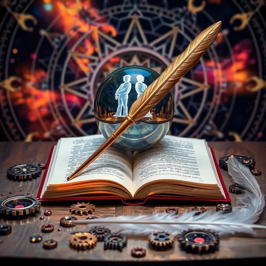 Fotografía de bodegón de una máquina de escribir antigua con un manuscrito sin terminar, rodeada de libros abiertos, un globo terráqueo vintage y una taza de té humeante sobre un escritorio de madera pulida. Iluminación suave y cálida.