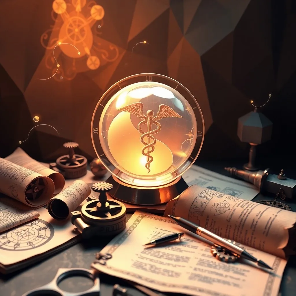 Cinematic still life photography of an antique leather-bound journal open to pages filled with handwritten notes and diagrams, a quill pen resting beside it. A small, glowing orb of light hovers gently above the journal, casting soft shadows. The setting is a dimly lit, scholarly desk with scattered astronomical charts. Focus on textures and depth of field. No humans, no faces, no people.