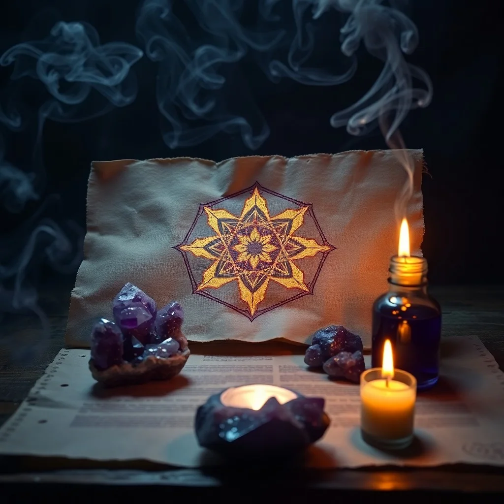 Digital illustration of an antique desk with parchment and quill, showing the intricate process of drawing sigils from letters.