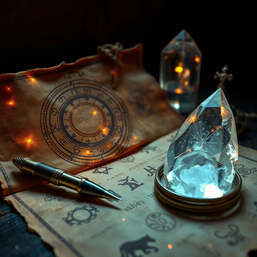 Cinematic still life of an obsidian scrying mirror reflecting light, surrounded by mystical herbs, symbolizing sigil activation and energy release.