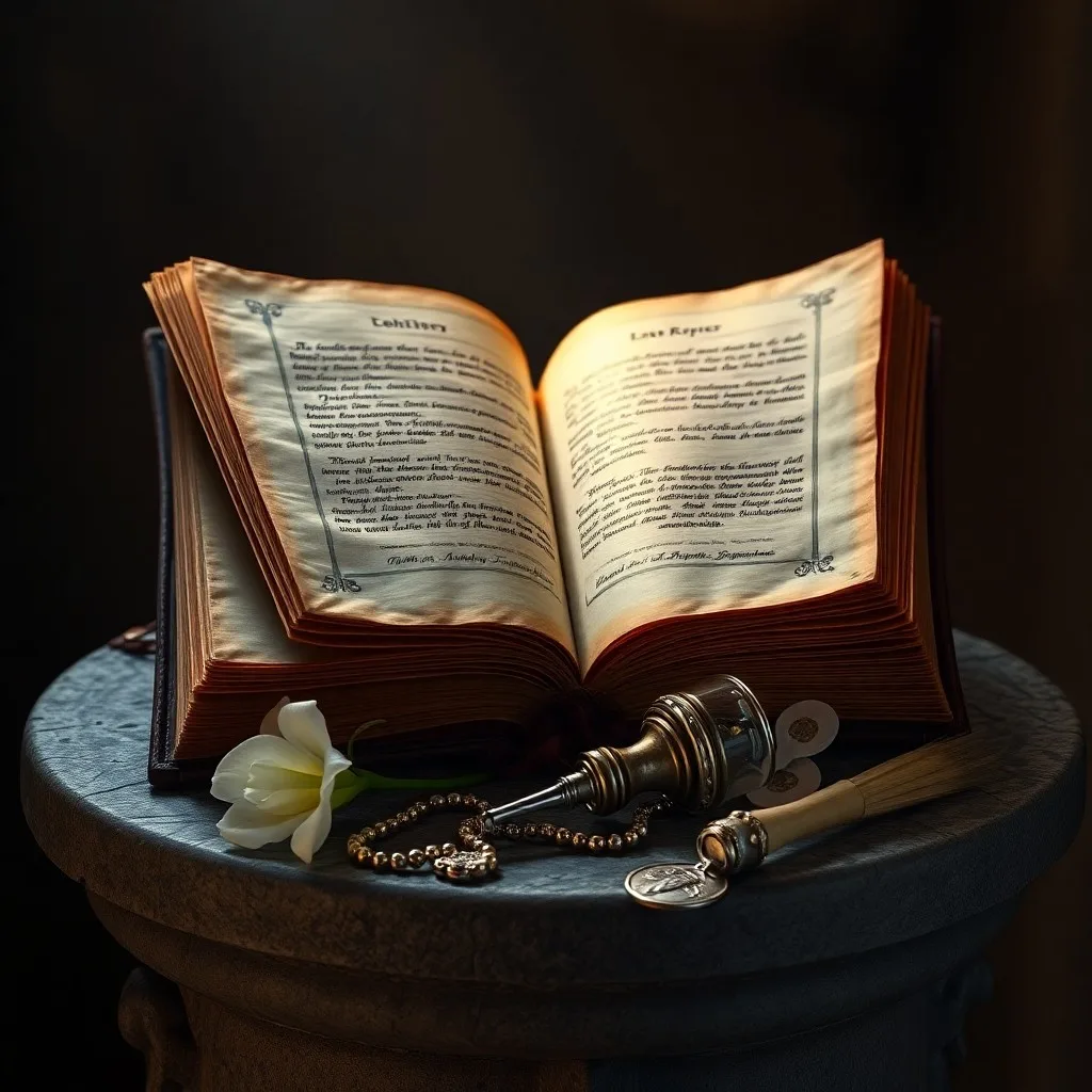 Renderizado 3D conceptual de luz divina que emana de un libro abierto, proyectando símbolos de conocimiento y espiritualidad sobre una superficie de piedra pulida.
