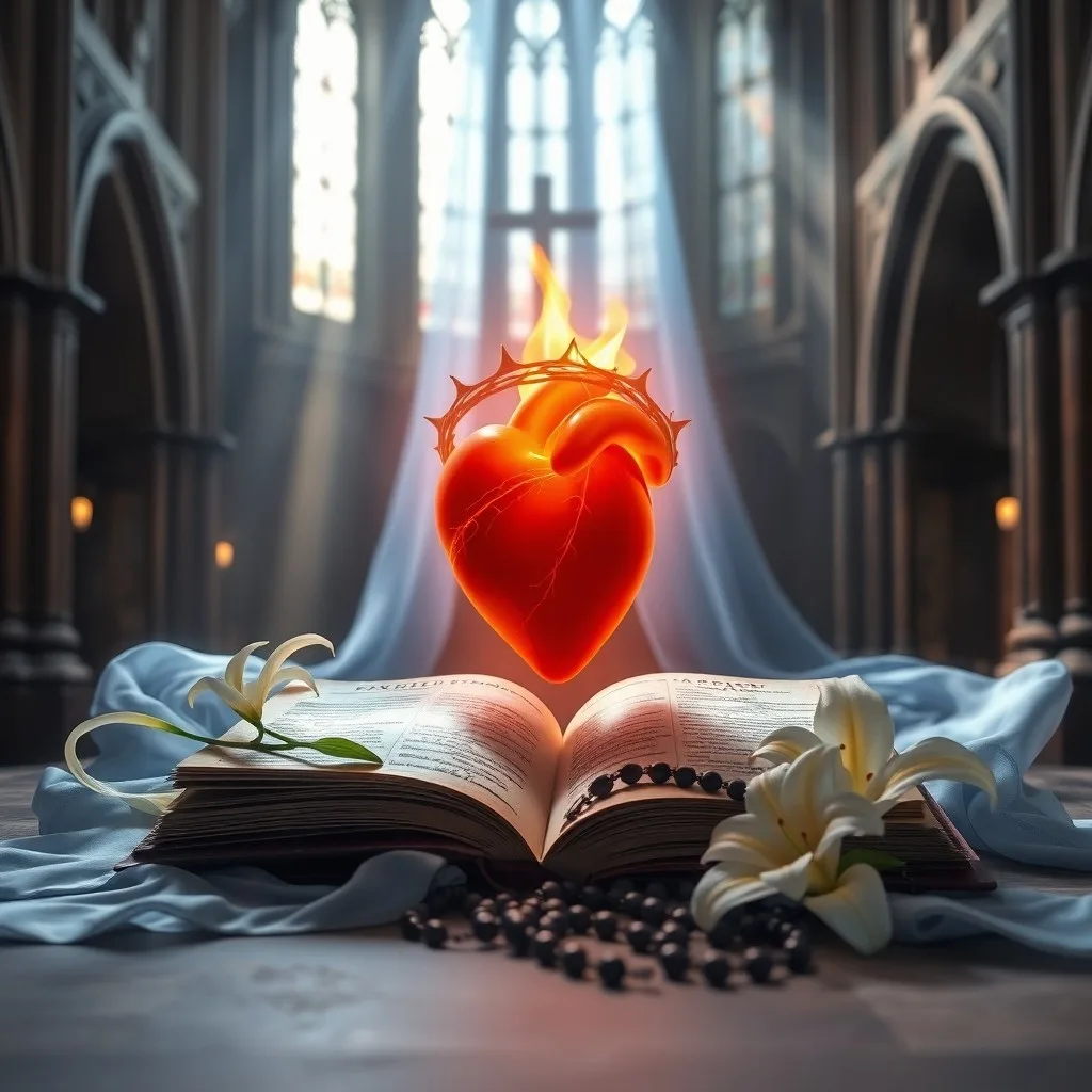 Rosario de madera antigua sobre un misal abierto en un altar de piedra, con luz tenue y serena.
