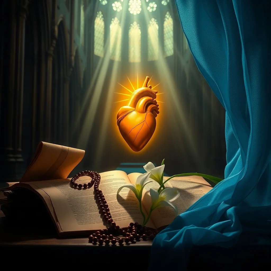 Manos etéreas sosteniendo un corazón de luz abstracto, rodeado de patrones de gracia divina.