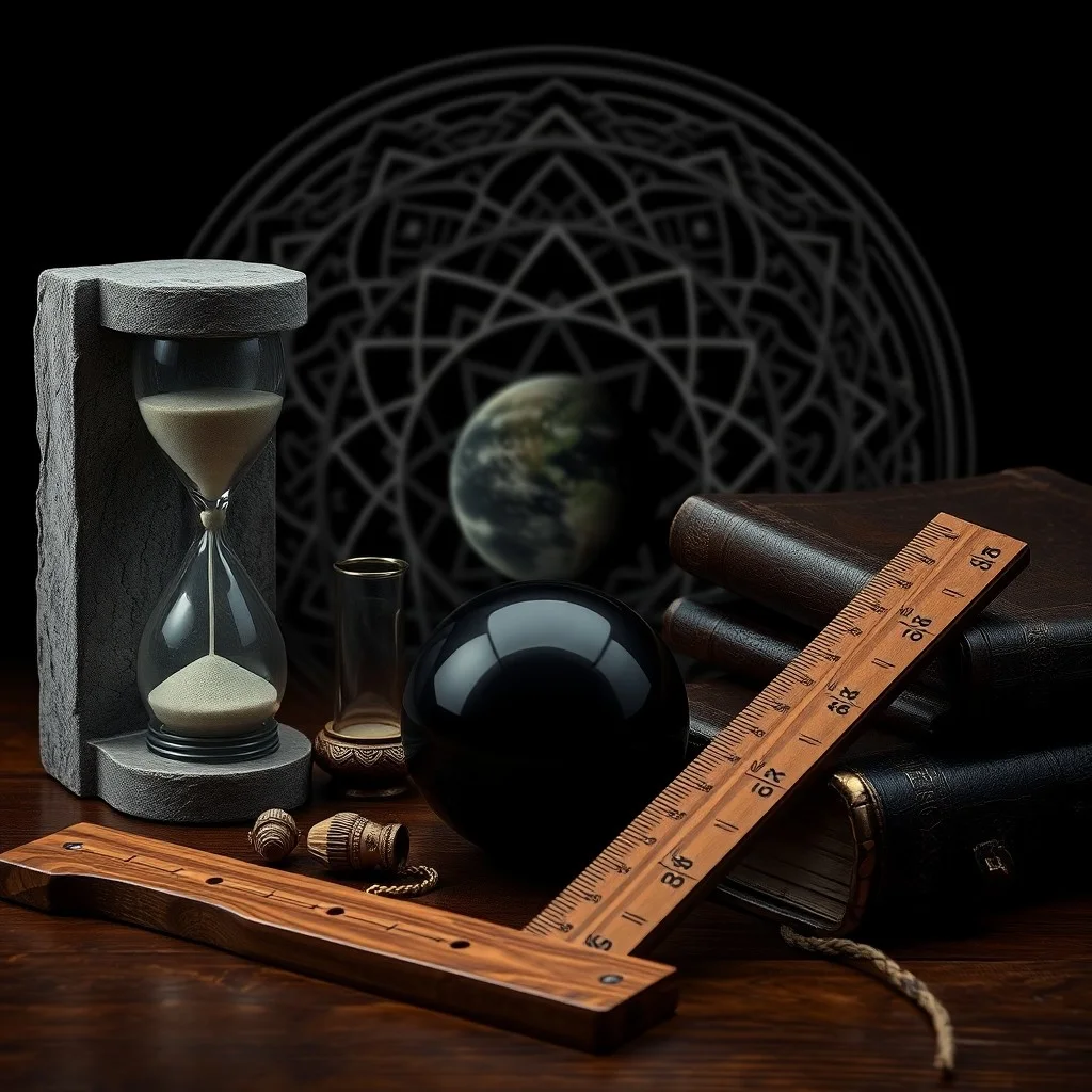 Still life of a book, hourglass, and compass on a wooden desk.
