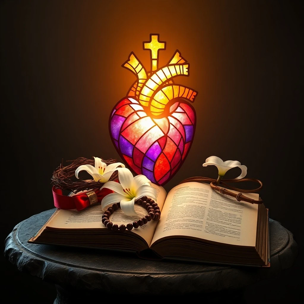 Manos en oración entrelazadas con un rosario, simbolizando la contemplación y la reparación espiritual frente a una imagen difusa del Sagrado Corazón.