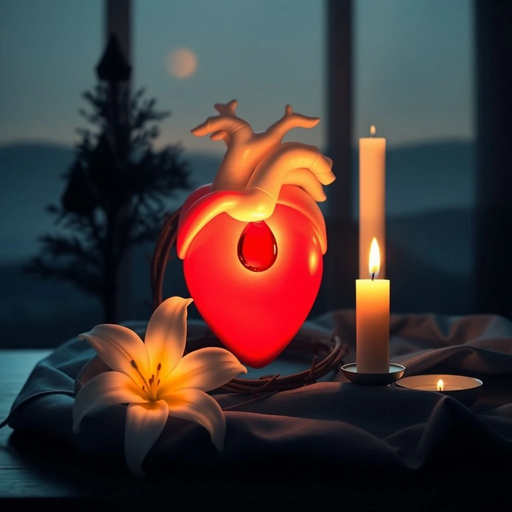Una vela encendida y un libro de oraciones antiguo sobre un altar, con un crucifijo de fondo, evocando un ambiente de profunda devoción y recogimiento espiritual.