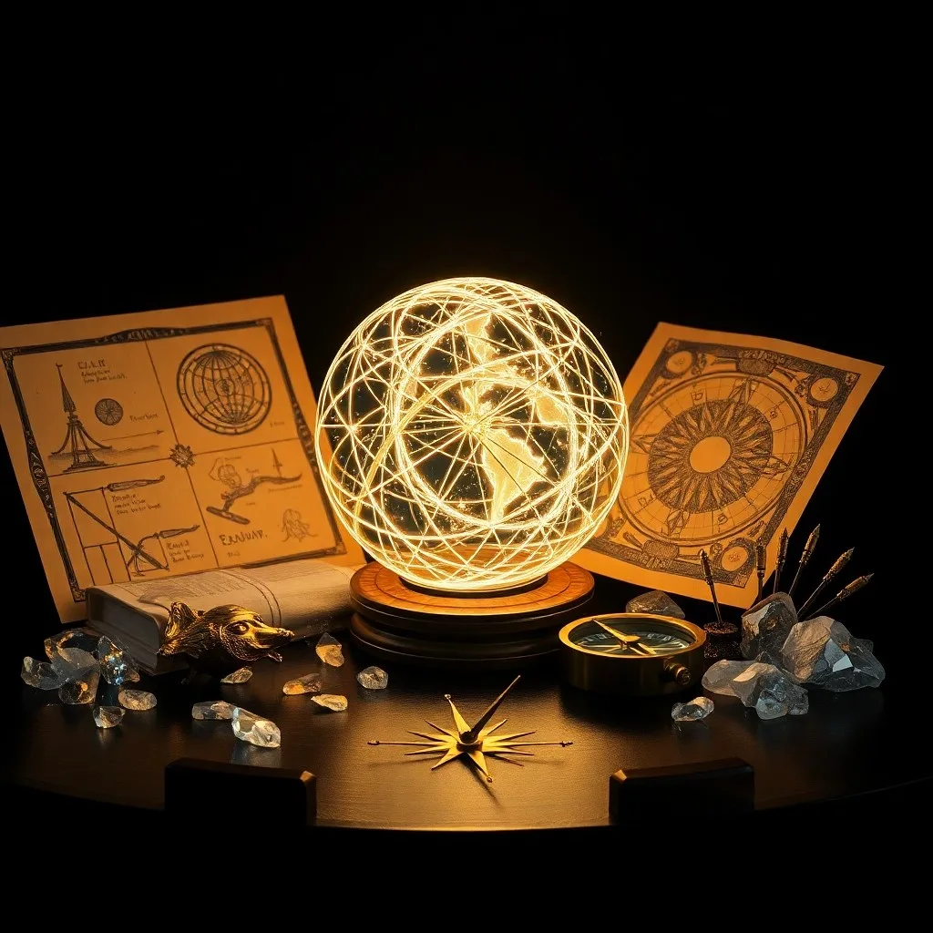 Conceptual 3D render of an antique brass compass pointing to a miniature Earth model, surrounded by astrological tools.