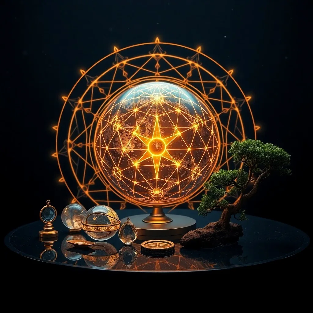 Cinematic photography of a solitary wooden desk with an open leather-bound journal and planetary diagrams.