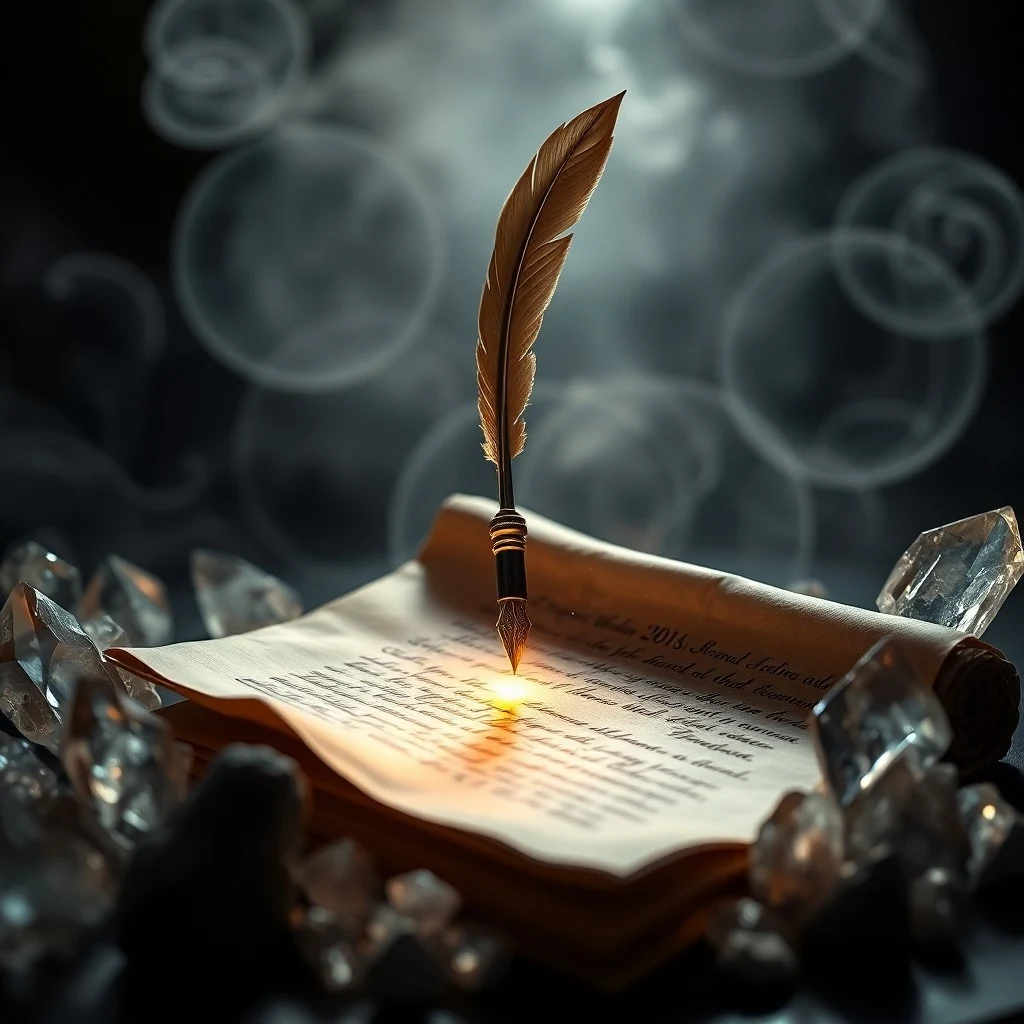 3D digital illustration of a stack of leather-bound journals and a crystal ball on a polished wooden desk, surrounded by floating holographic symbols and ancient runes, with a soft glow.