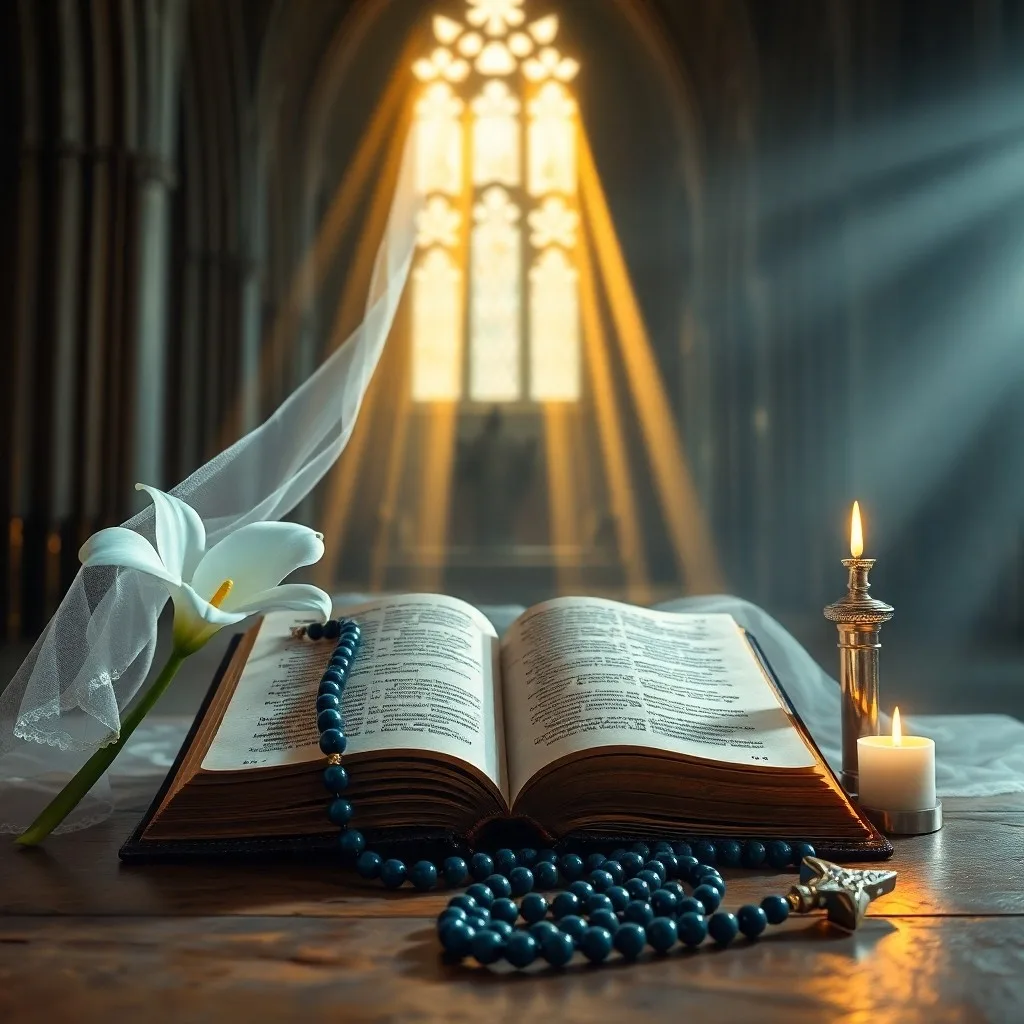 Libro antiguo abierto con rosario y vela, simbolizando la sabiduría y la oración en la devoción mariana