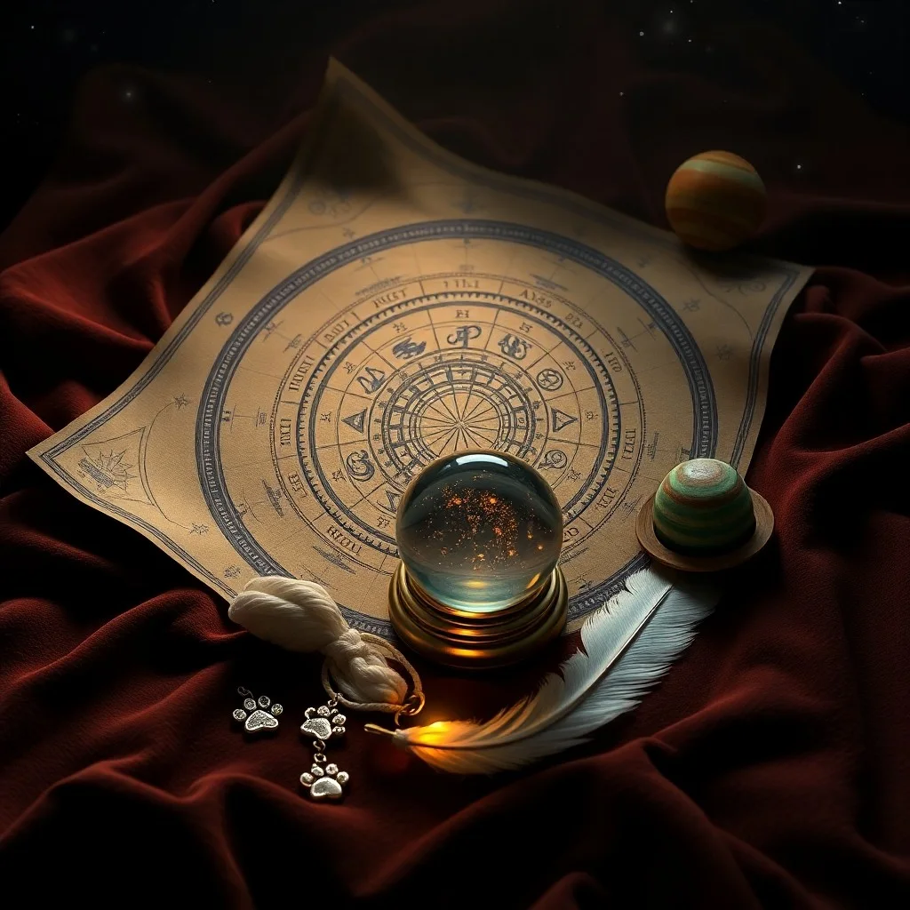 A vintage leather-bound journal open to a page with hand-drawn astrological symbols and paw prints, resting on a rustic wooden table next to a bowl of fresh water and a well-worn pet collar, bathed in soft, warm light.