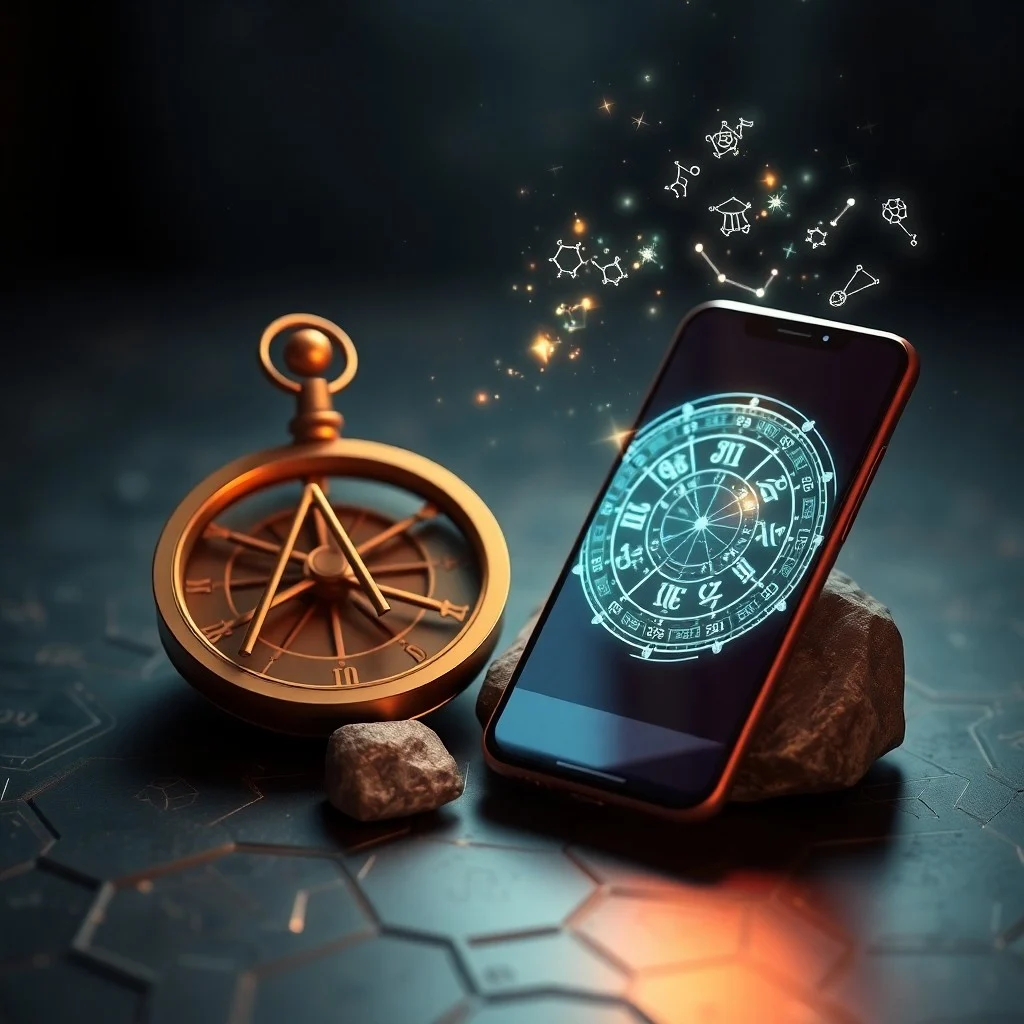 Vintage brass astrolabe on a tablet screen showing astrological charts and code, symbolizing modern astrology apps.