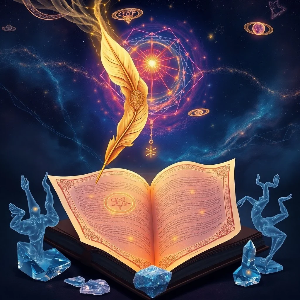 Cinematic still life of ancient, glowing books and scrolls with an antique key on a wooden desk, symbolizing hidden knowledge.